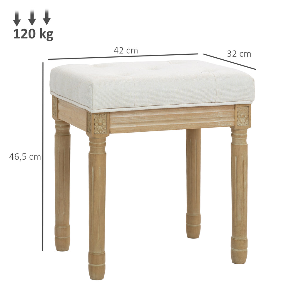 Repose pied salon, ottoman, siège rembourré en tissu aspect lin avec pieds en bois d'hévéa, 42 x 32 x 46,5 cm, beige-2