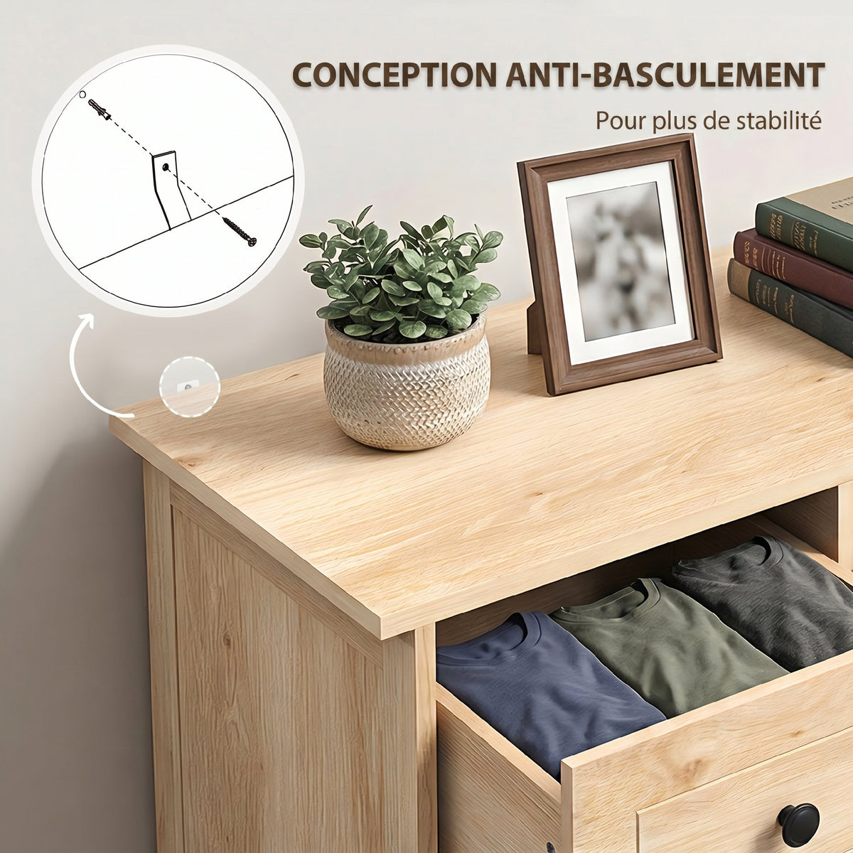 Commode meuble de rangement 5 tiroirs pour chambre, bureau, entrée, chêne et poignée métal noir-5