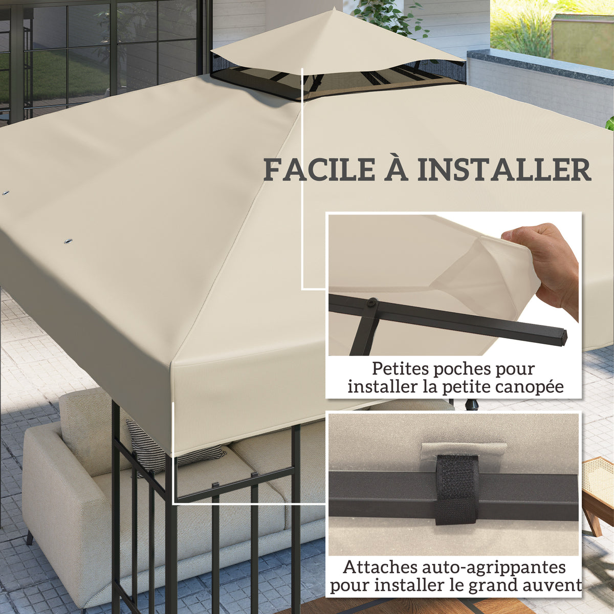 Toile pour tonnelle 3 x 3 m toile de rechange pour tonnelle à 2 niveaux protection UPF30+ trous de drainage crème-4