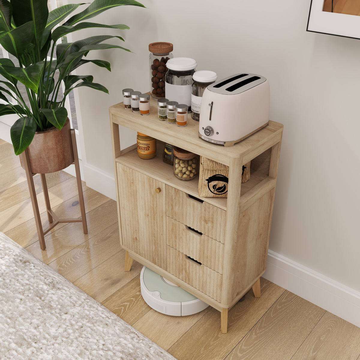 Buffet salon meuble de rangement avec placard à portes, étagère réglable et étagère ouvert, 60x30x81cm, bois naturel-8