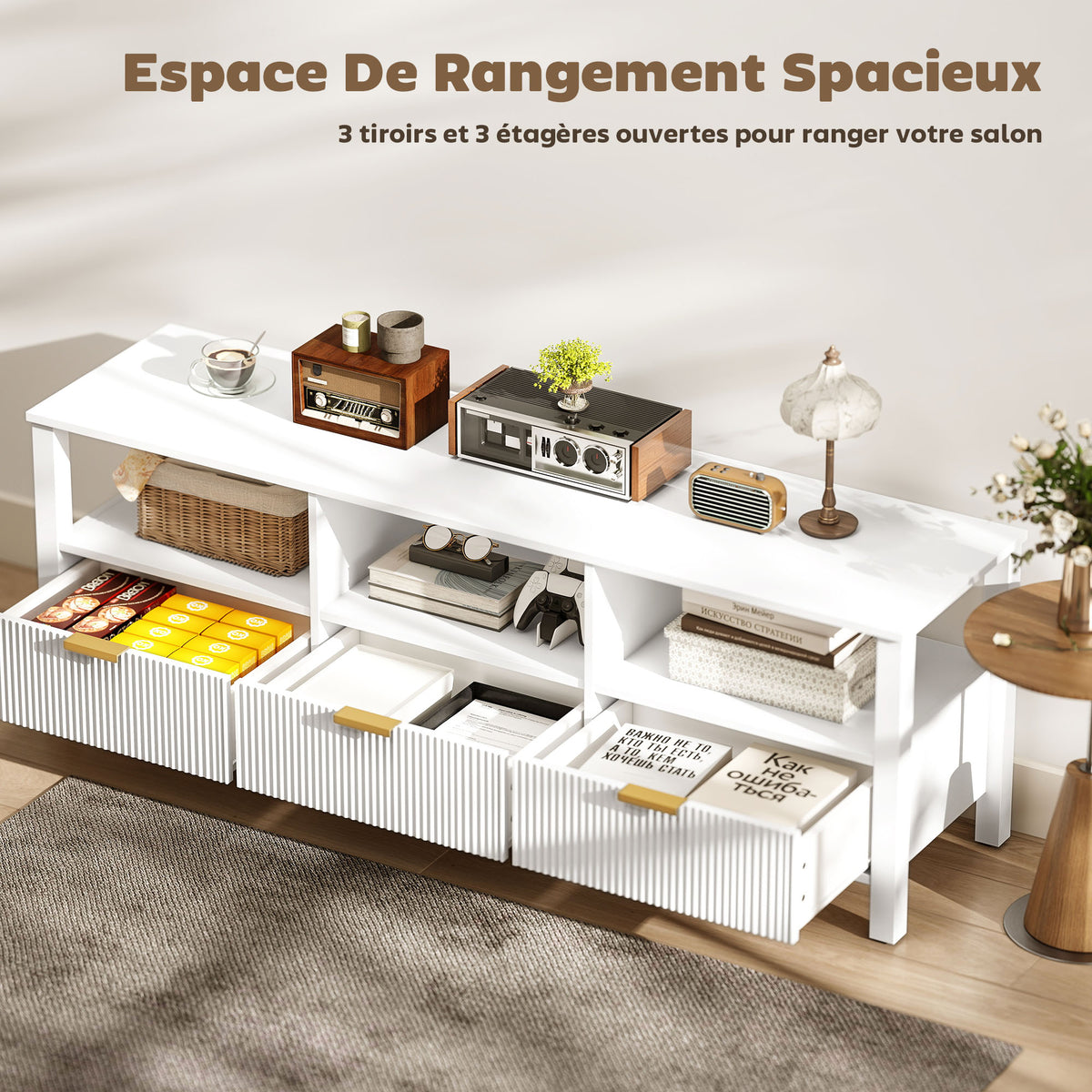 Meuble TV 152 cm, meuble télé pour téléviseur 65 pouces avec 3 tiroirs et 3 étagères ouvertes, 152x39,5x50cm, blanc-4