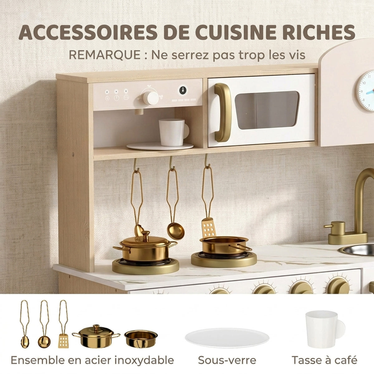 Cuisine Enfant en Bois, Dinette Cuisine Enfant avec Ustensiles en Acier Inoxydable, pour 3 à 6 Ans, 74x29x81cm, Blanc-5