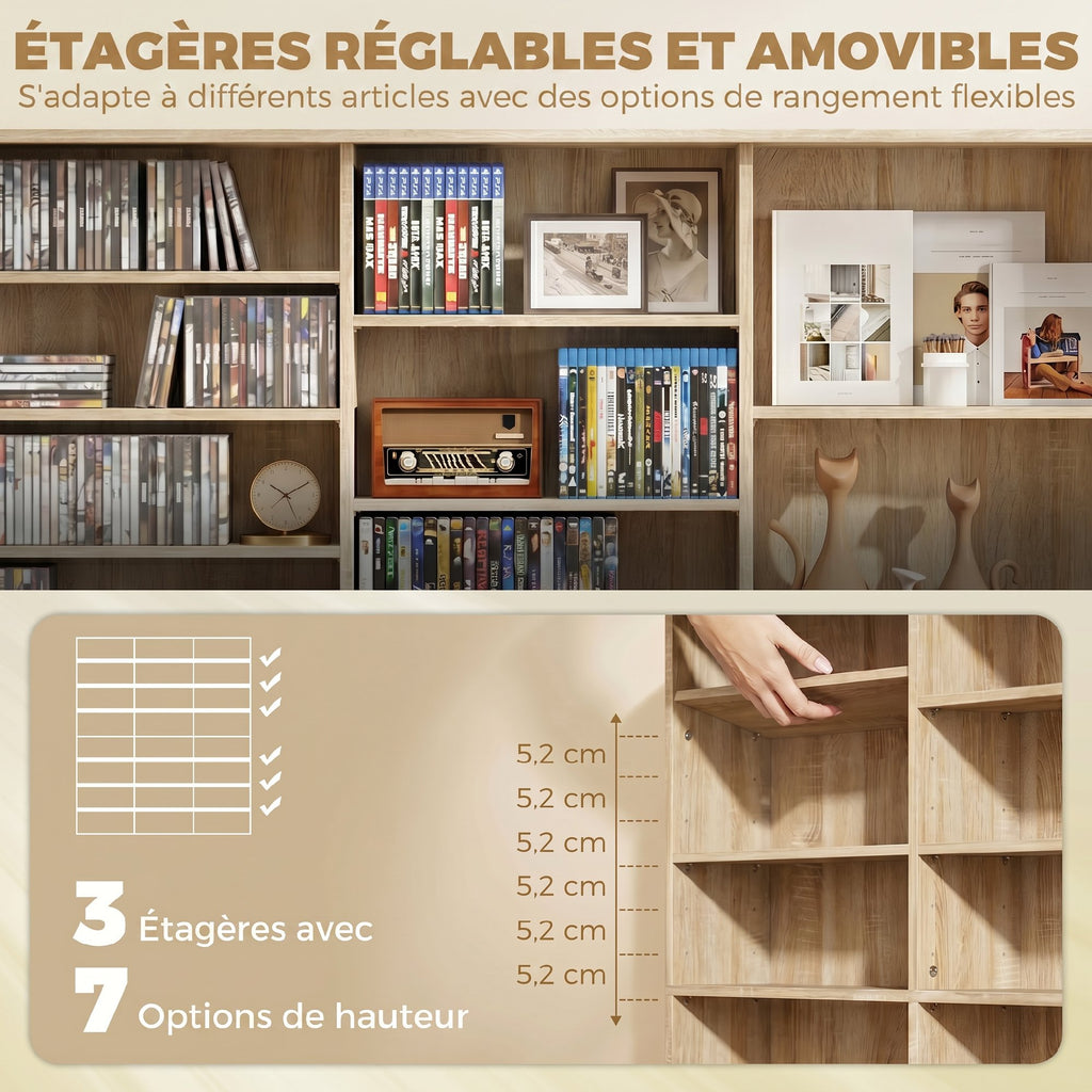 Meuble de rangement 1032 CDs / 594 DVDs, étagère multimédia, 24 compartiments et 18 étagères ajustables, chêne-4