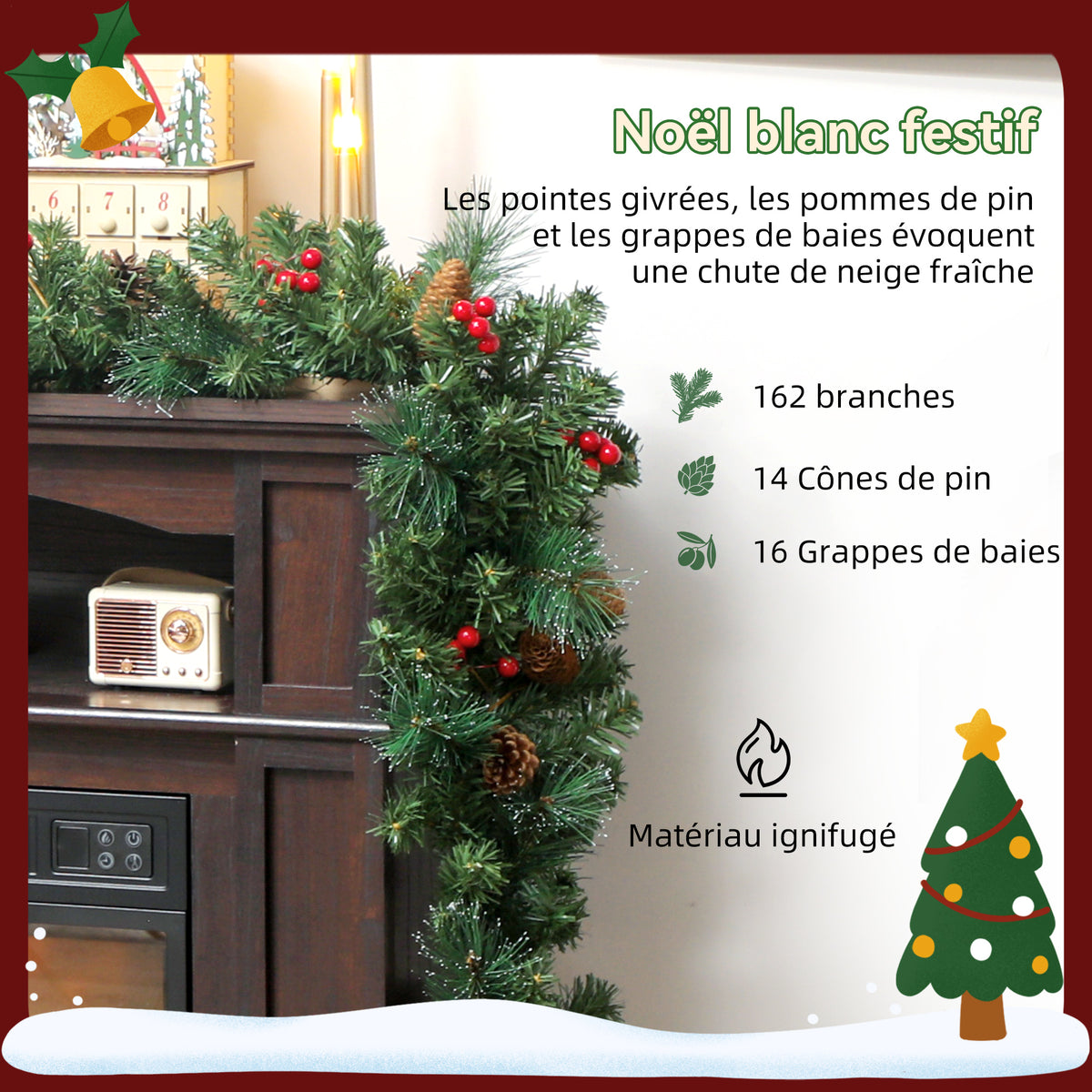 Guirlande de Noël artificielle 180 cm, décoration de Noël, 162 branches denses, pommes de pin, grappes de baies, vert-4