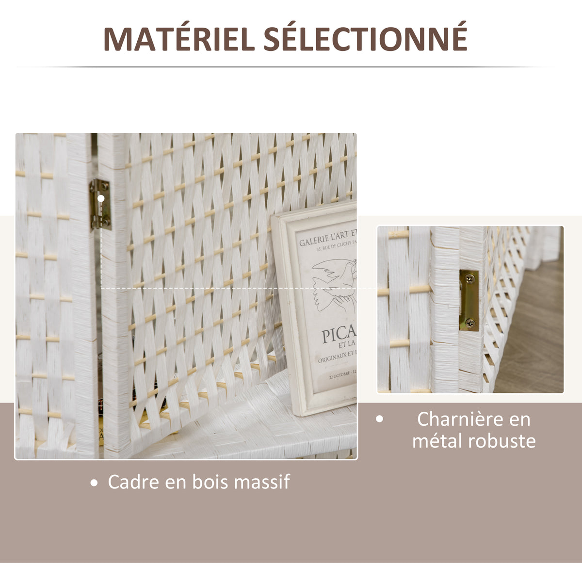 Séparateur de pièces 4 panneaux 2 étagères pliables blanc paille-4