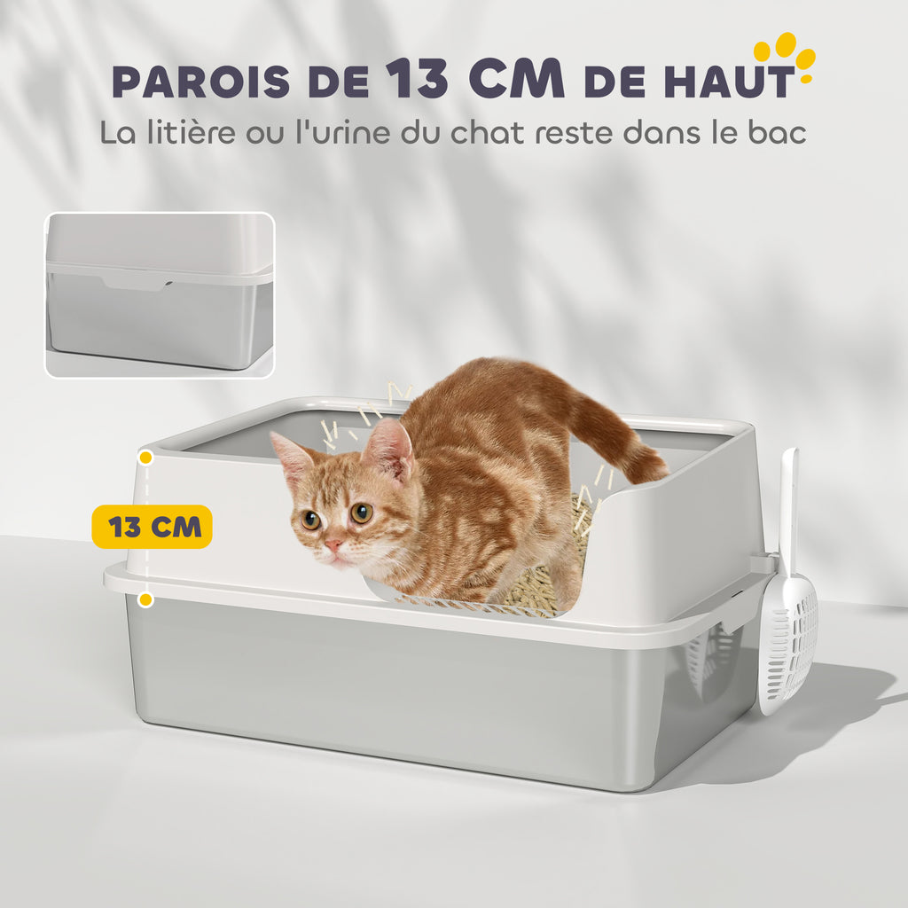 Litière pour chat, bac à litière en acier inoxydable avec côtés hauts pelle nettoyage facile 60 x 40 x 28 cm gris clair-3
