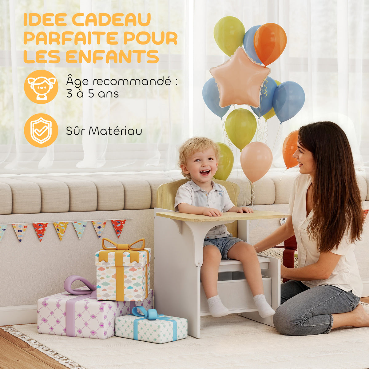 Bureau et chaise pour enfants avec bac de rangement, ensemble table d'activité 2-en-1 pour dessin lecture et jeux, blanc-6