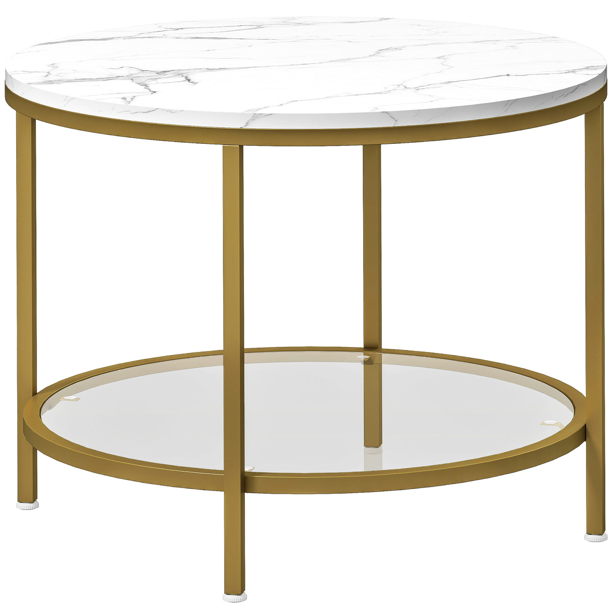 Table basse salon ronde moderne à 2 niveaux plateau effet marbre et étagère en verre trempé, Ø 60 x 45 cm, blanc et doré-0