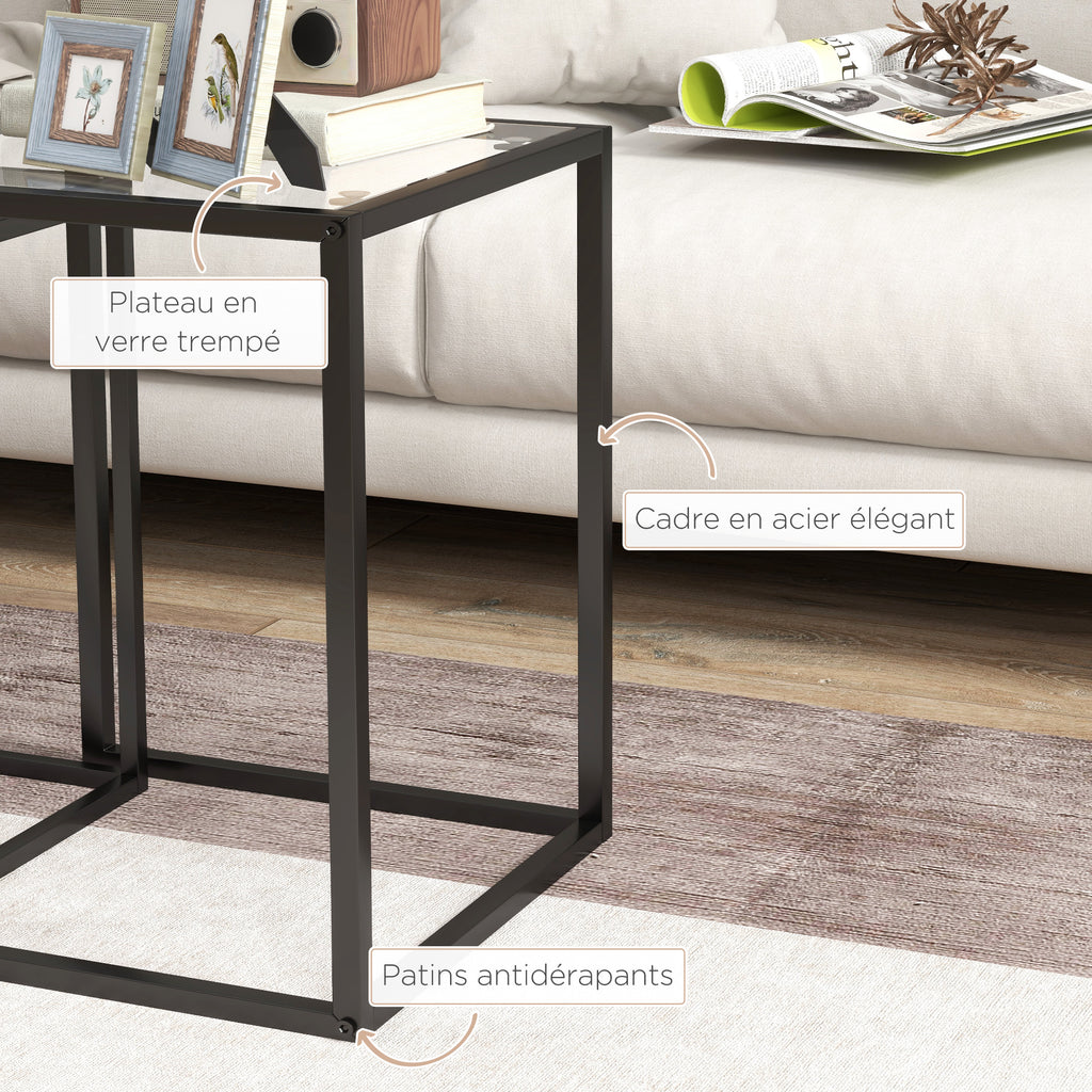 Lot de 2 tables basse gigogne, tables d'appoint empilable, plateau verre trempé cadre acier, patins antidérapants, noir-4