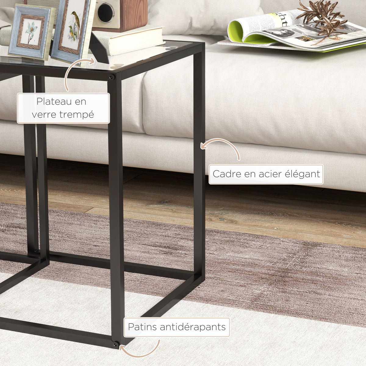 Lot de 2 tables basse gigogne, tables d'appoint empilable, plateau verre trempé cadre acier, patins antidérapants, noir-4