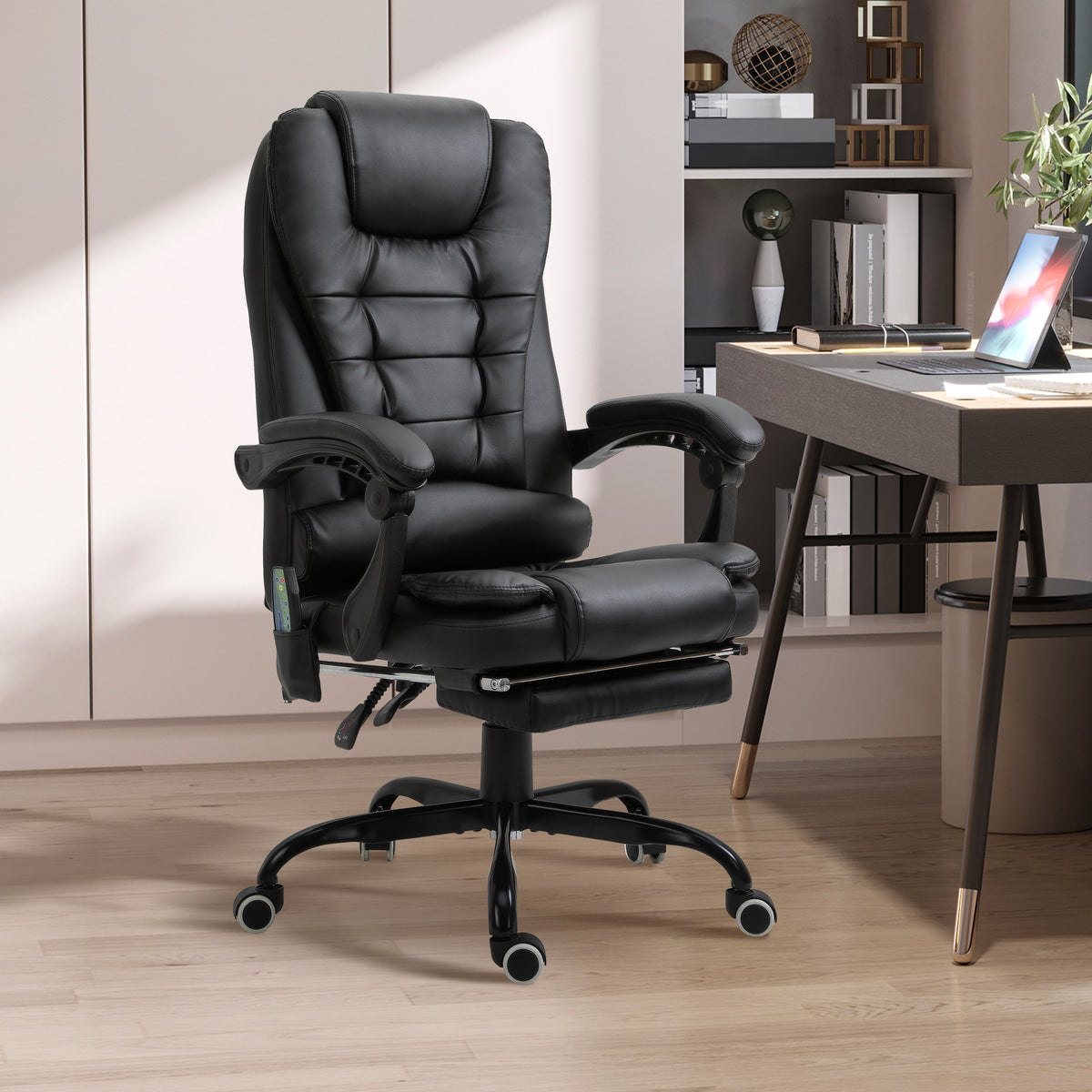 Fauteuil de Bureau Massant 7 Points, Chaise de Bureau Ergonomique avec Repose-pieds Rétractable, Dossier Inclinable 155°, Hauteur Réglable, Pivotant à 360°, télécommande Filaire, Noir-1