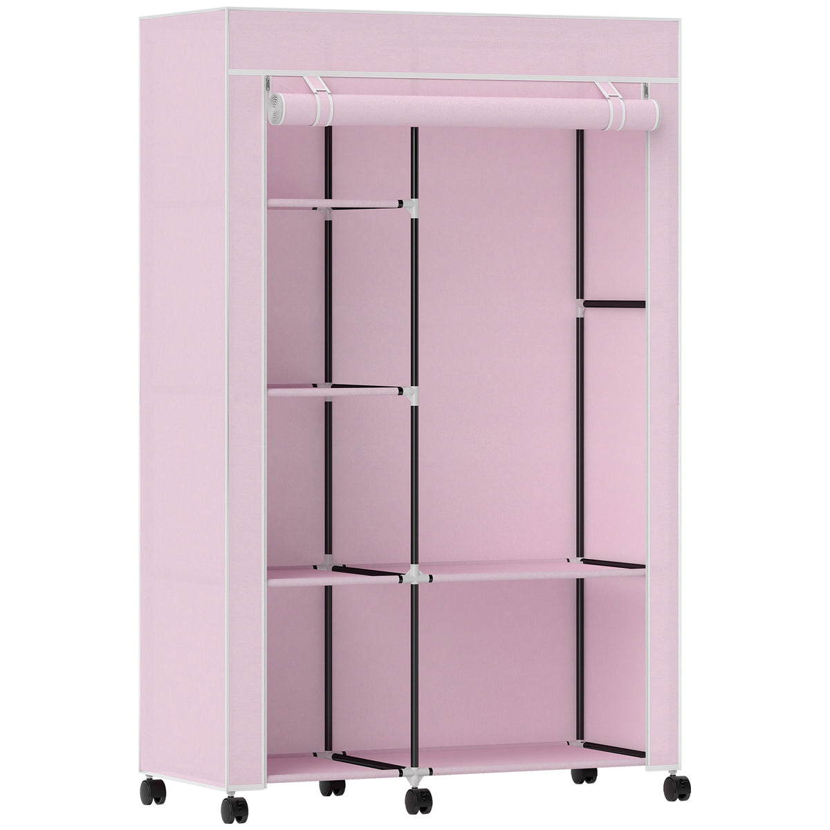Armoire penderie en tissu meuble de rangement 6 roulettes tringle à vêtements et étagères ouvertes 103x43x166,5cm rose-0
