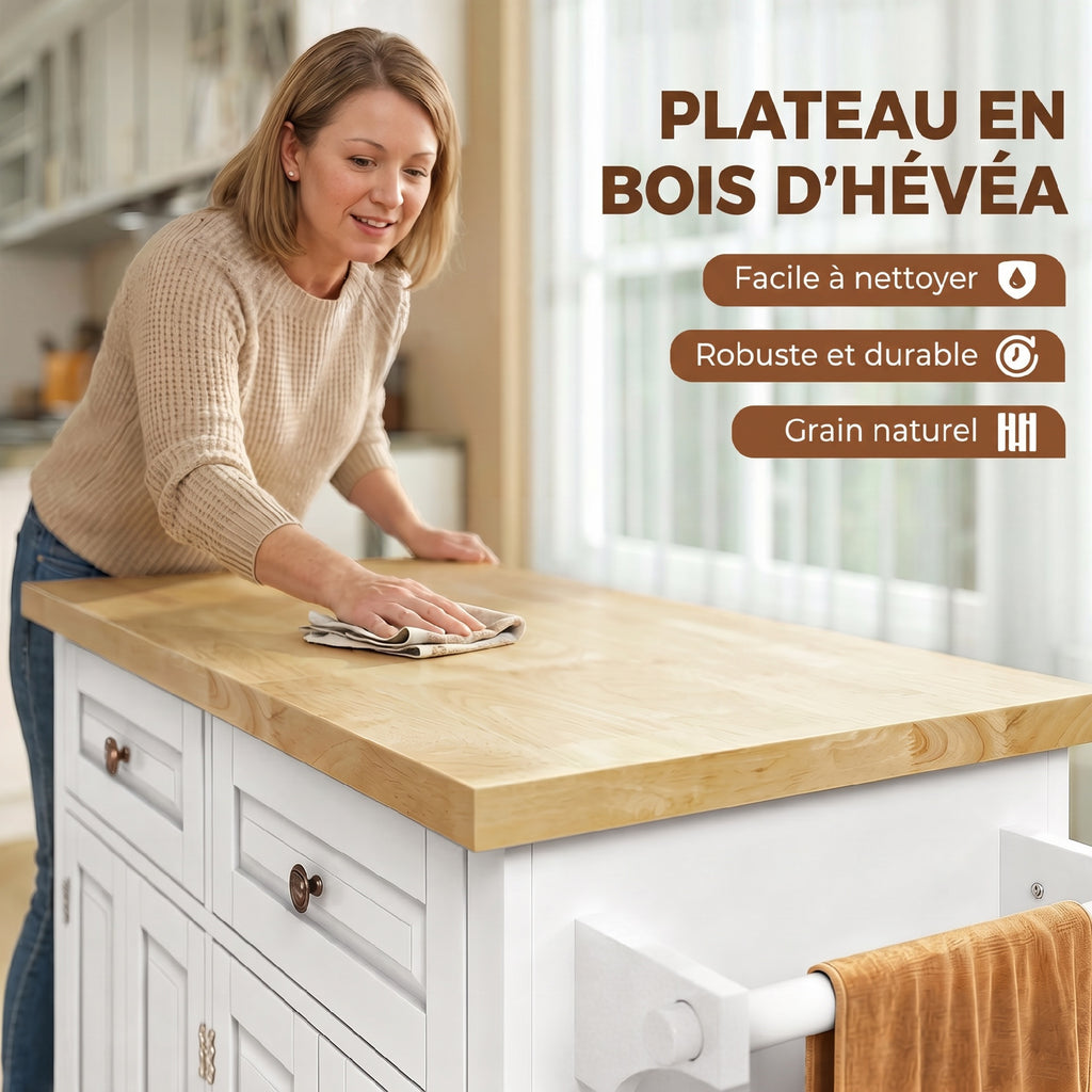 Îlot Central Cuisine avec Plateau en Hévéa, Desserte de Cuisine sur Roulettes avec 2 Tiroirs, 111 x 44,5 x 82,5cm, blanc-3