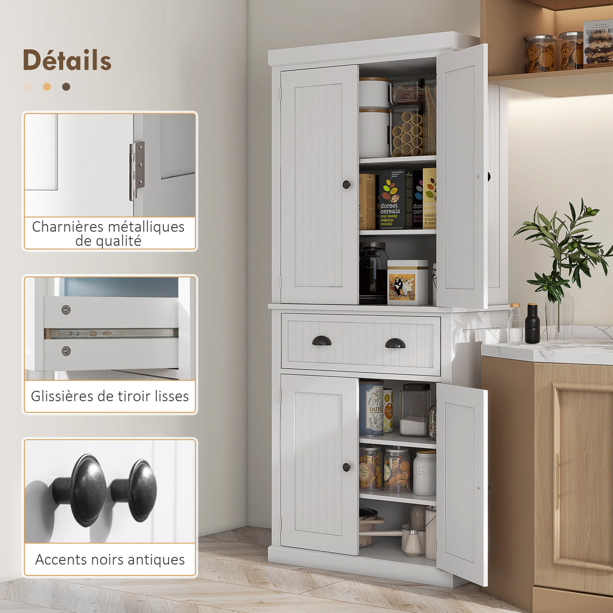 Armoire de cuisine buffet cuisine multi-rangements étagères réglables 4 portes grand tiroir 76,2 x 40,2 x 183 cm blanc-6
