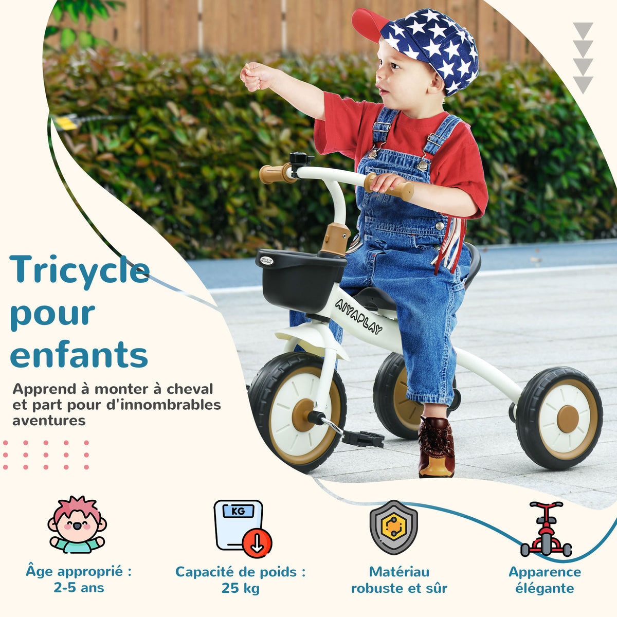 Tricycle enfants avec sonnette et panier selle réglable avec dossier - pour enfant de 2 à 5 ans blanc-3