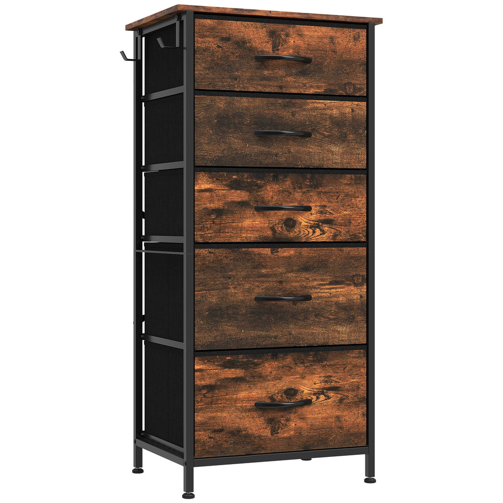 Commode 5 Tiroirs en Tissu Pliables, Commode Chambre Adulte avec Poches Latérales et 2 Crochets, Brun Rustique-0