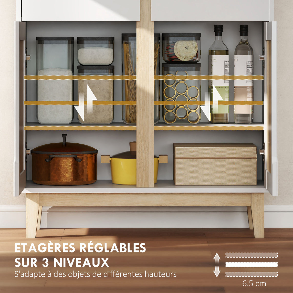 Buffet haut cuisine, armoire de cuisine avec 4 portes, 2 tiroirs et étagères réglables, 80x35x170cm, blanc et chêne-4