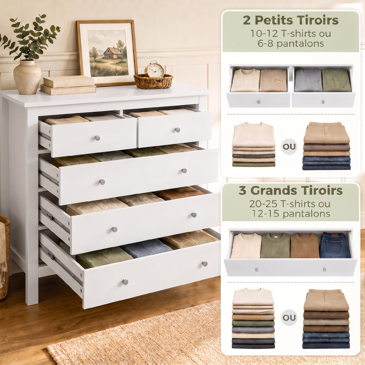 Commode à 5 tiroirs, meuble de rangement, avec poignées, glissières métalliques,  en bois, 79l x 39,5P x 80,5H cm, blanc-3