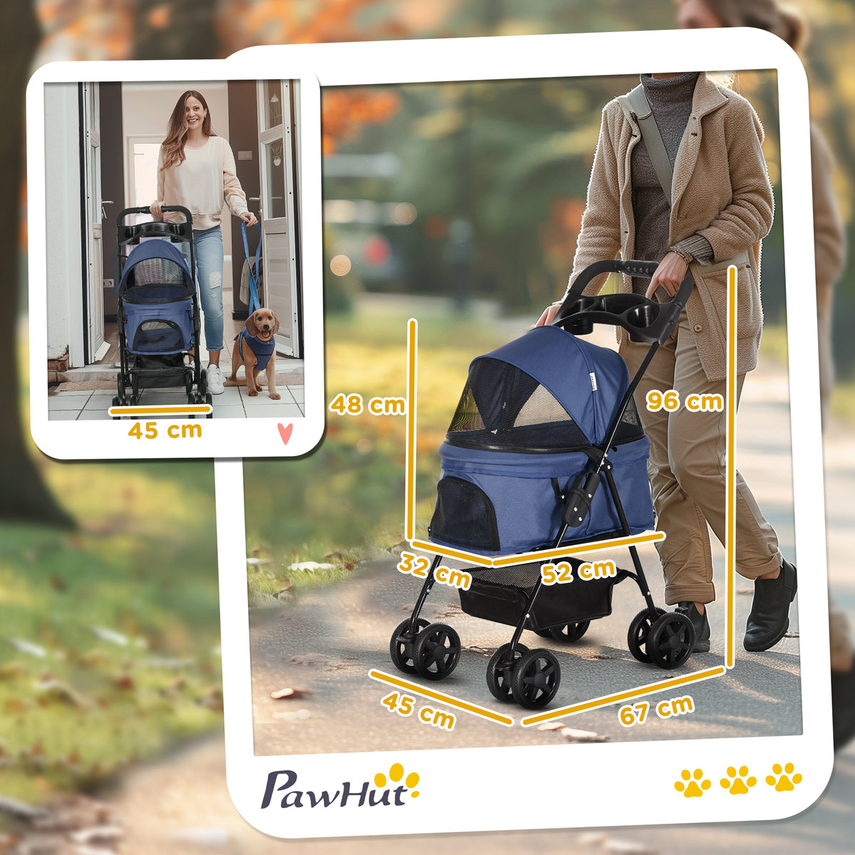 Poussette buggy pliable chien chat panier rangement porte-gobelets tissu 300D Oxford imperméable 4 roues bleu foncé-2