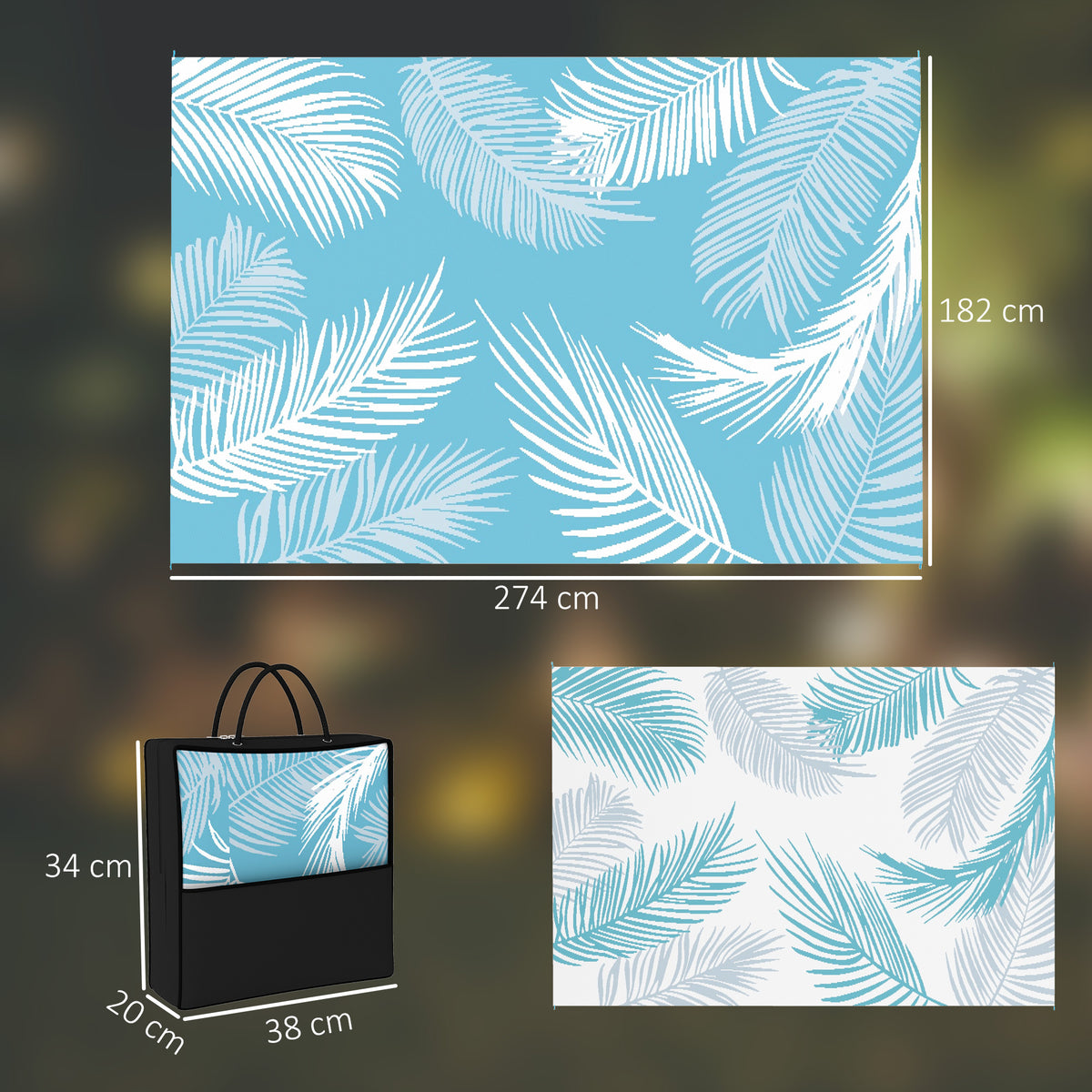 Tapis d'extérieur réversible 274x182 cm, tapis de sol en PP résistant aux intempéries, sac de transport, bleu-2