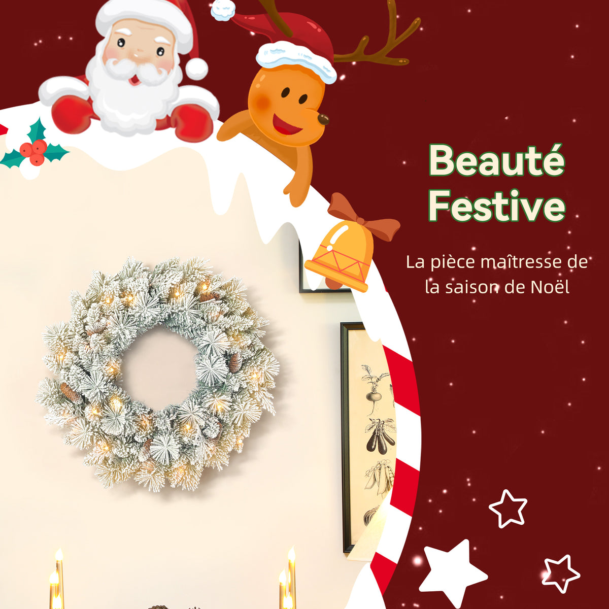 Couronne de Noël lumineuse 60 cm avec 35 LED blanc chaud, minuterie, 98 pointes, pommes de pin, vert et blanc-3