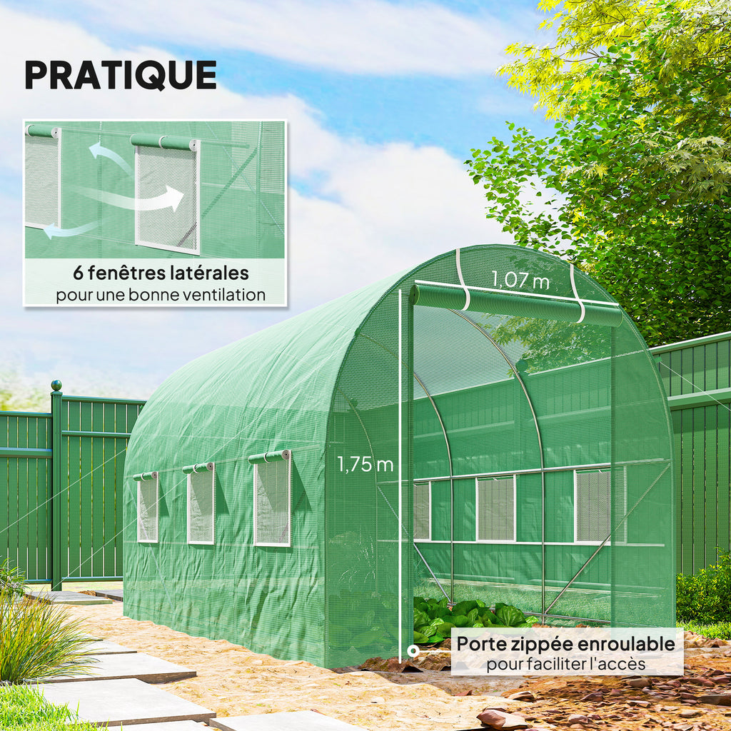 Serre de Jardin Tunnel Surface Sol 7m² 3,5L x 2l x 2H m châssis Tubulaire renforcé Porte zippée 6 fenêtres enroulables Vert-5