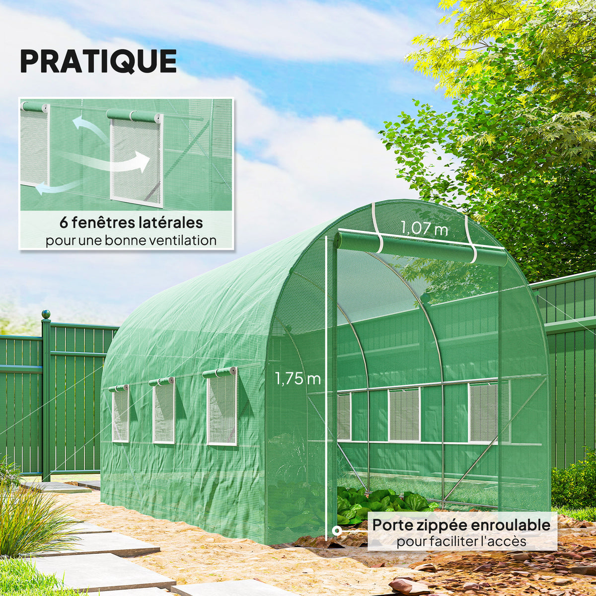 Serre de Jardin Tunnel Surface Sol 7m² 3,5L x 2l x 2H m châssis Tubulaire renforcé Porte zippée 6 fenêtres enroulables Vert-5