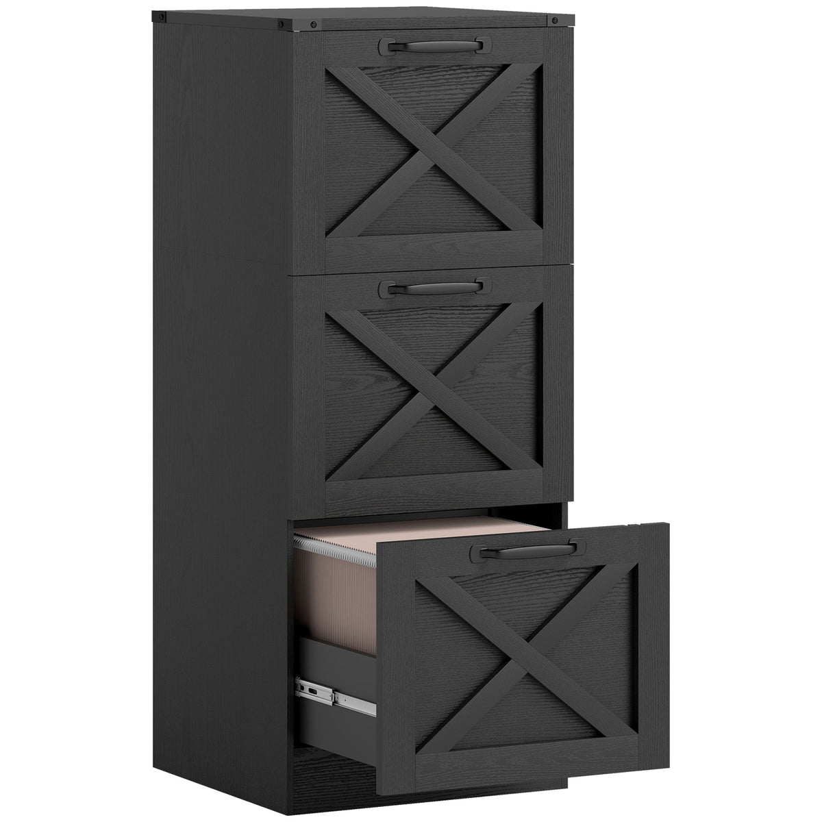 Caisson de Bureau avec 3 Tiroirs, Dossiers Suspendus pour Formats Lettre/A4, Style Rustique, 40x40x101cm, Noir-0