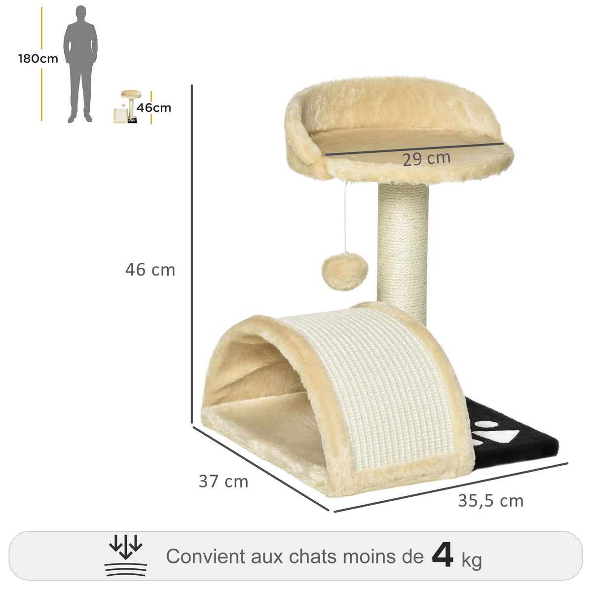 Arbre à chat griffoir grattoir design jeu boule suspendue + plateforme peluche sisal naturel beige-2