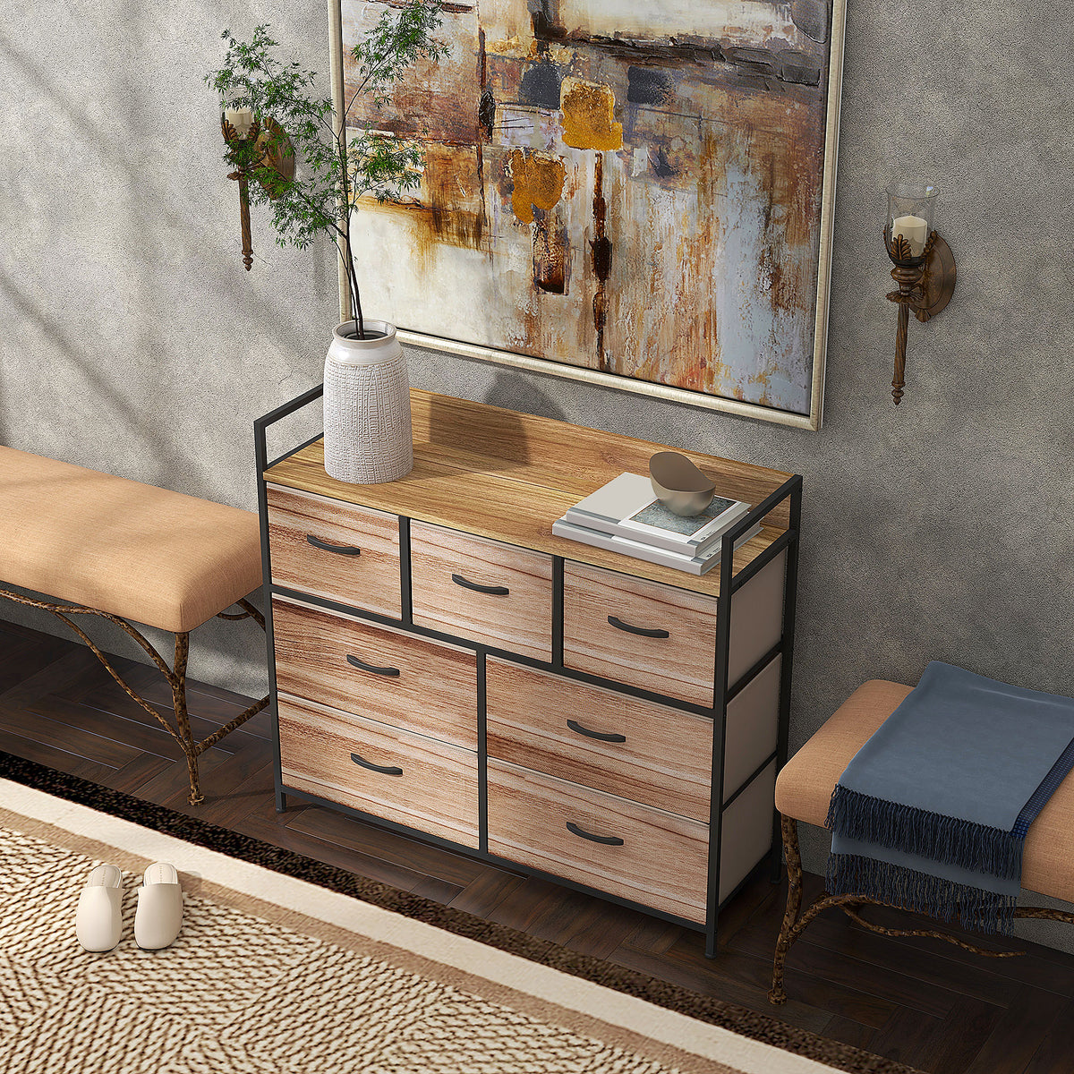 Commode 7 tiroirs meuble de rangement tiroir en tissu pliant - structure acier noir - 98 x 29 x 85 cm-9