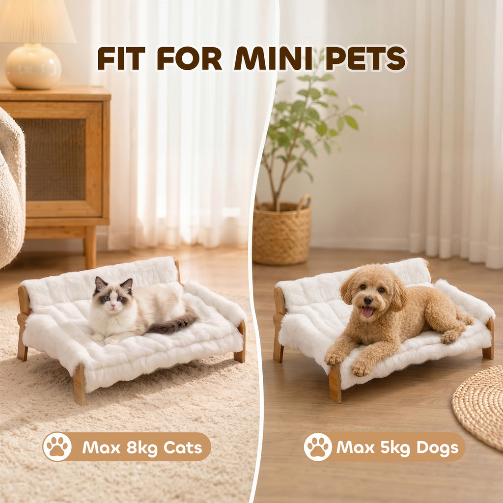Canapé pour Chien Chat Lit Surélevé en Bois, Coussin Amovible en Peluche, Pieds Antidérapants, 70 x 47 x 30 cm, Blanc-8