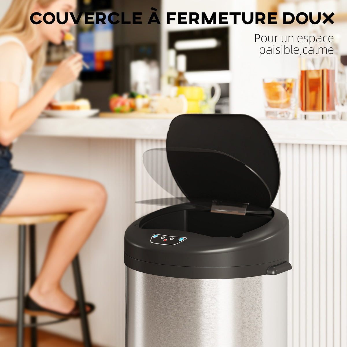 Poubelle de cuisine automatique 55 L en acier inoxydable, couvercle à fermeture en douceur, 32 x 30 x 78,5 cm, argent-6
