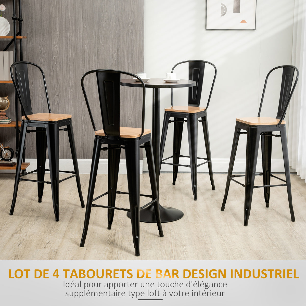 Lot de 4 tabourets de Bar Industriel avec Dossier Repose-Pied Hauteur Assise 76 cm métal noir Panneaux Multicouches Imitation Bois Clair-3