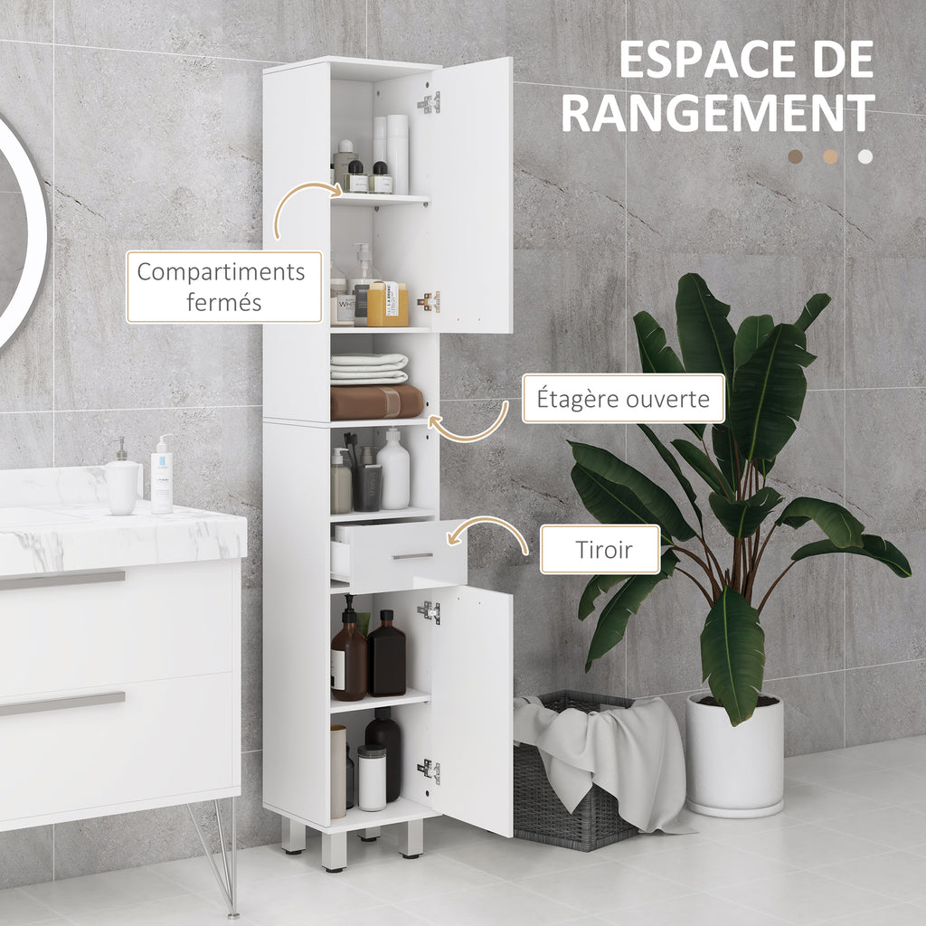 Meuble colonne salle de bain avec étagères réglables et compartiments ouverts, 30x30x180cm, blanc brillant-3