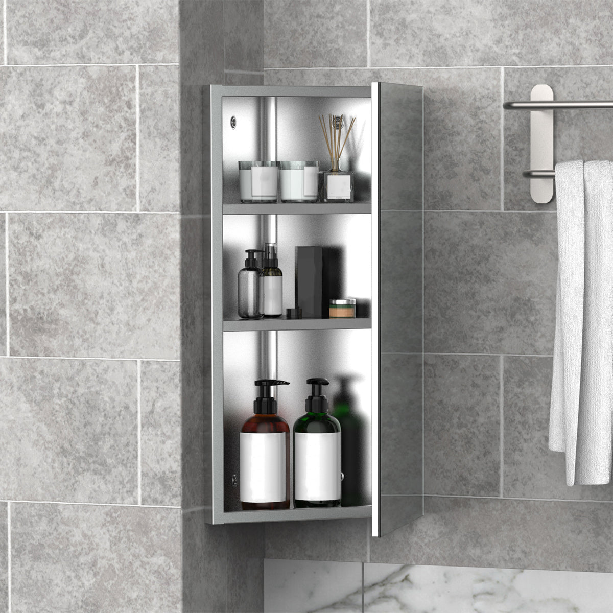 Armoire Miroir Salle de Bain Armoire de Toilette Murale Meuble d'angle 2 étagères dim. 30L x 18,4l x 60H cm Acier INOX.-1