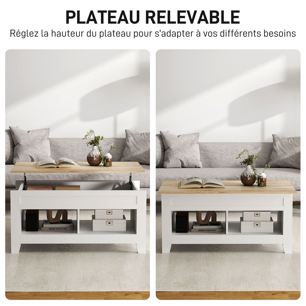Table basse plateau relevable, table de salon avec étagères et compartiment caché,105 x 50 x 49-62,5 cm blanc-3