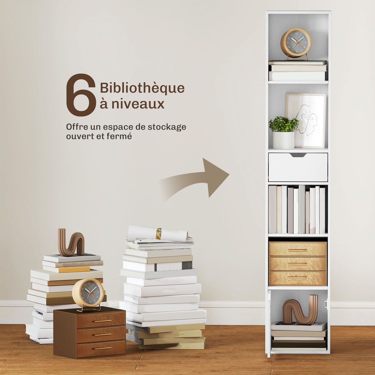 Bibliothèque, étagère à livres, meuble de rangement avec tiroir placard compartiments ouvertes, 30 x 24 x 158 cm, blanc-3