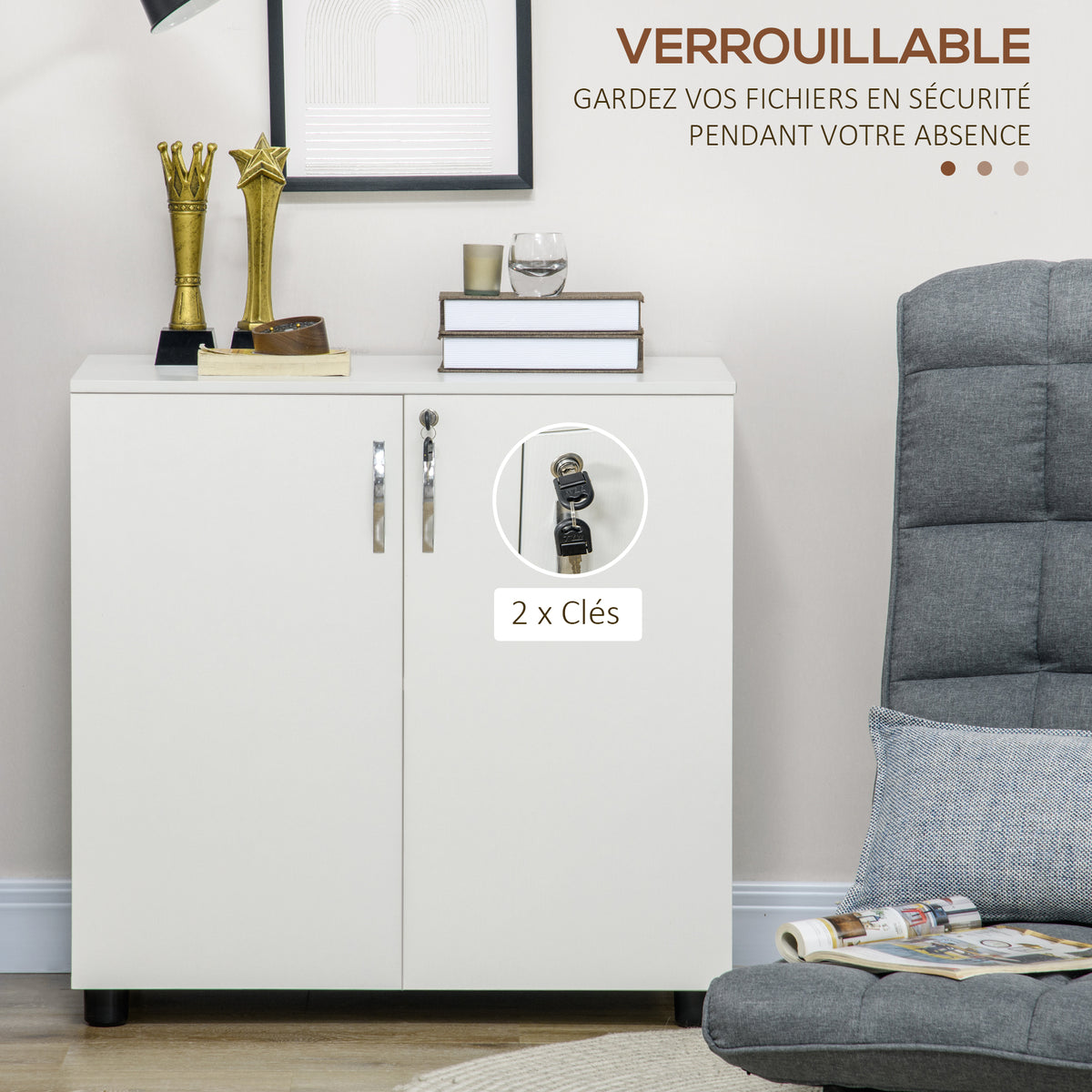 Armoire de bureau à 2 niveaux, meuble de rangement bureau avec 2 portes, serrures et clés, 80x40x80cm, blanc-5