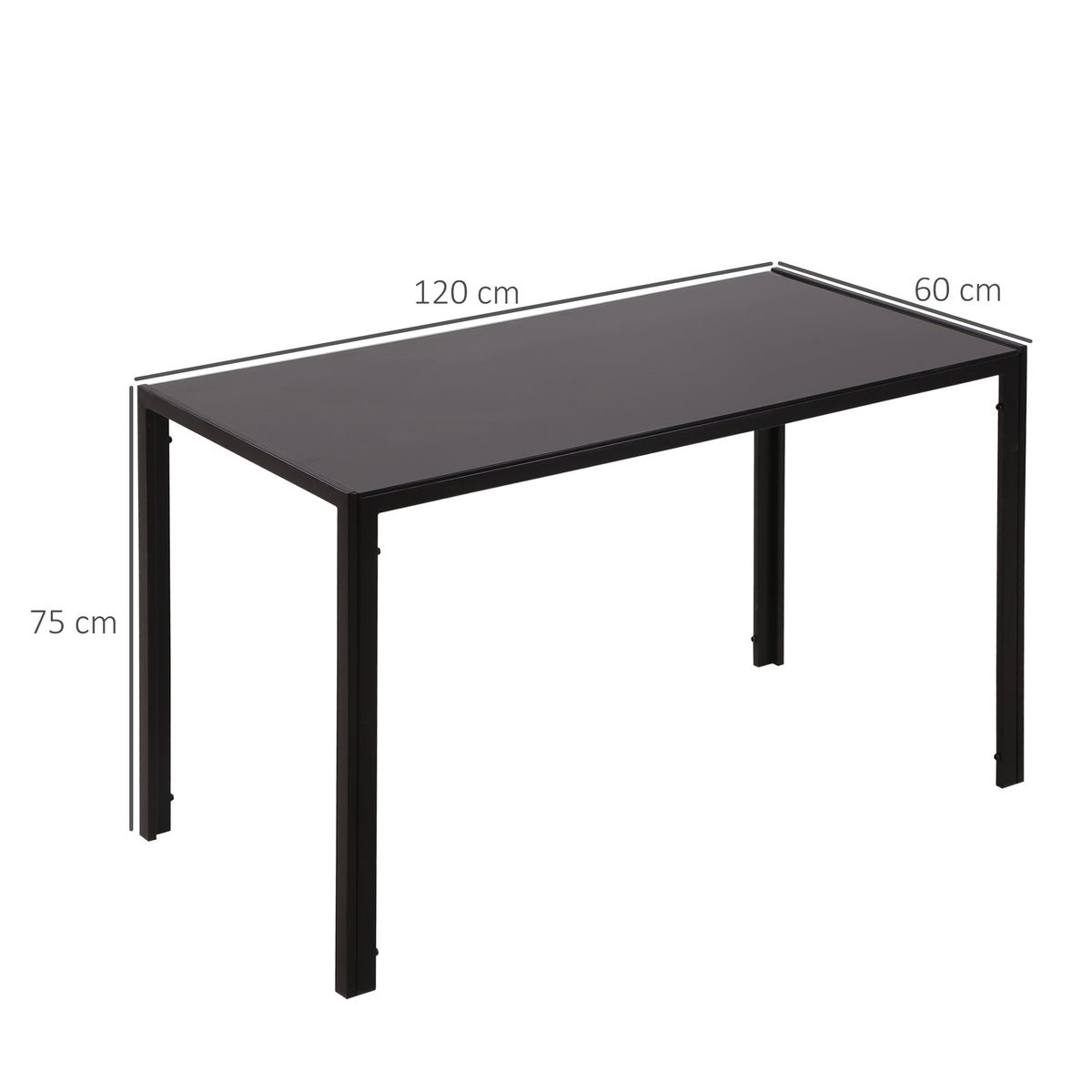 Table à manger pour 4 personnes, table de cuisine avec plateau en verre trempé et pieds en métal, 120x60x75cm, noir-2