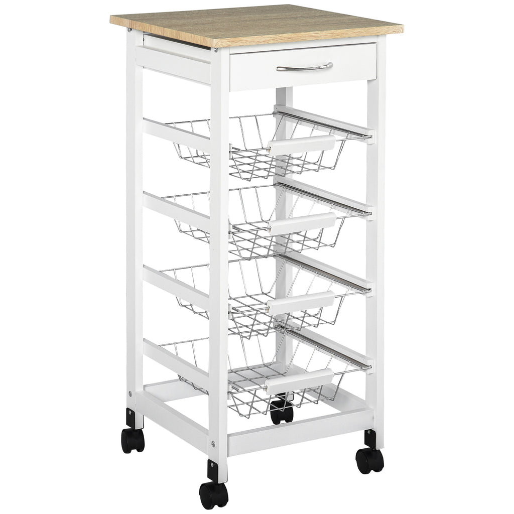 Chariot de service desserte à roulettes multi-rangements 4 paniers métal + tiroir bois de pin 37 x 37 x 82 cm blanc-0