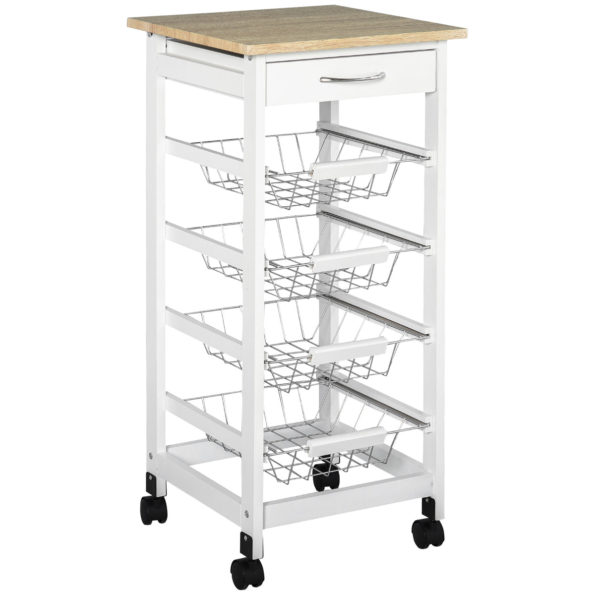 Chariot de service desserte à roulettes multi-rangements 4 paniers métal + tiroir bois de pin 37 x 37 x 82 cm blanc-0