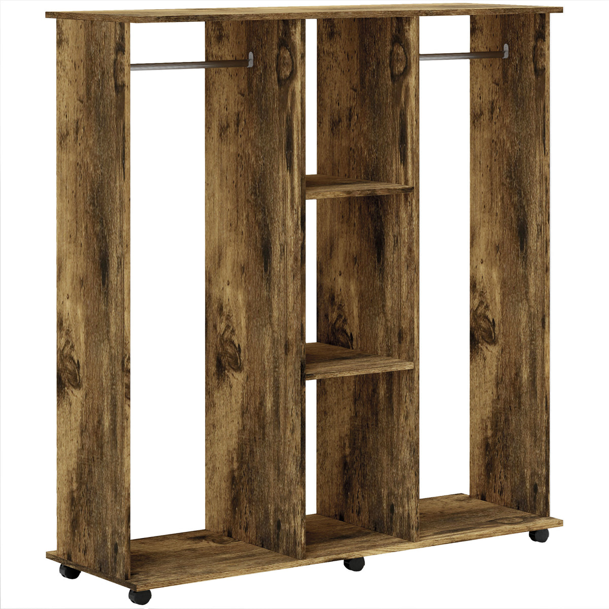 Armoire penderie meuble de rangement mobile 6 roulettes 120 x 40 x 128 cm en bois marron-0