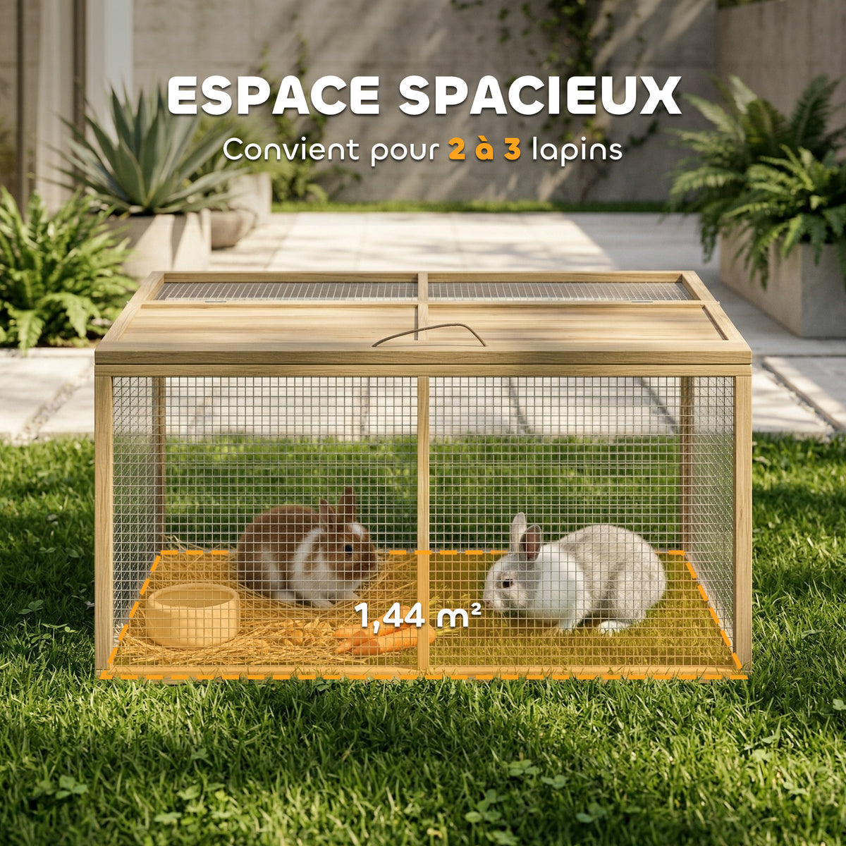 Enclos Lapin Extérieur Cage Lapin Intérieur Pliable Toit Ouvrant Total Poignée 1,44㎡ 120x120x57cm Naturel-3
