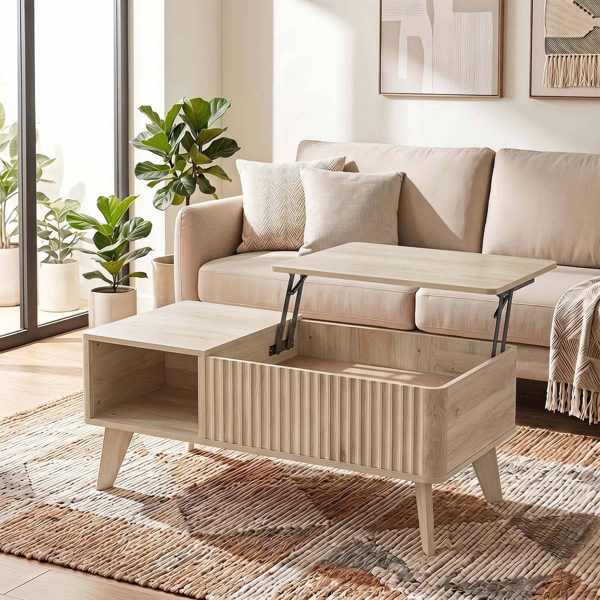 Table Basse Relevable, Compartiment Caché, 2 Étagères Ouvertes, Coins Arrondis, Style Mid-Century, 100x48x41cm, Chêne-1