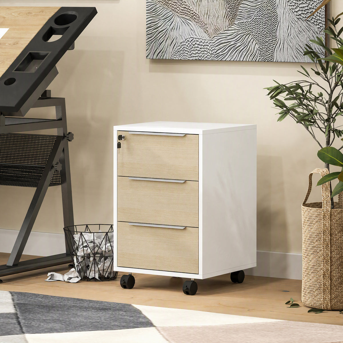 Caisson de bureau à roulettes avec 3 tiroirs et serrure, meuble rangement bureau sur roulettes, 40 x 40 x 63,5 cm, chêne-1
