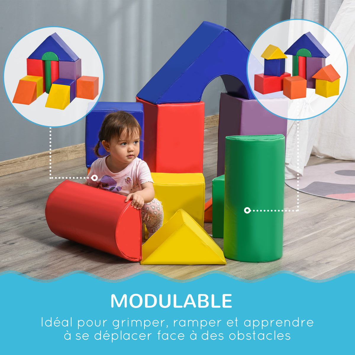 Parcours motricité bébé 11PCS, module motricité bébé en mousse EPE avec housse en revêtement synthétique, blocs mousse de construction, jouets éducatifs pour enfants de 1-3 ans, multicolore-4