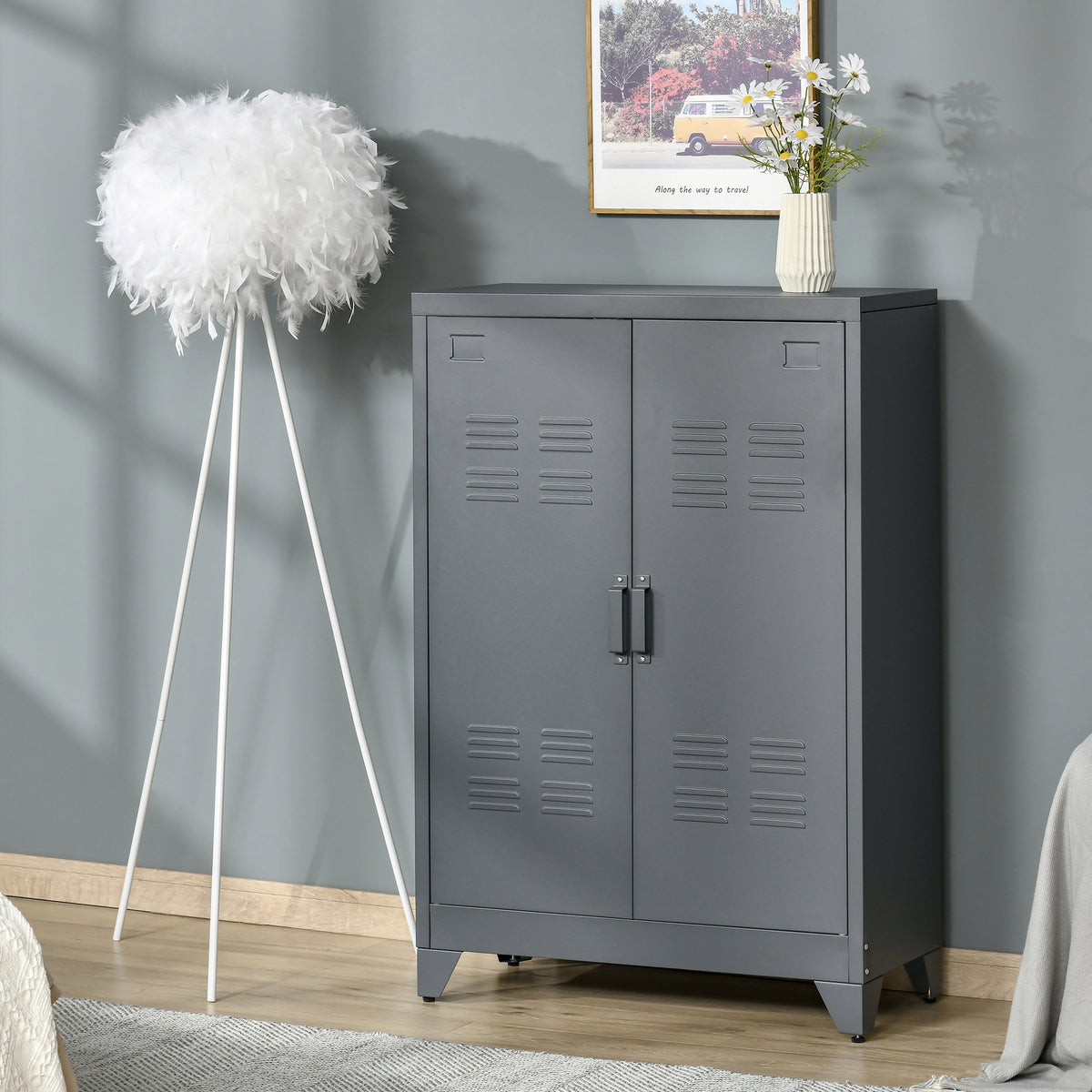 Armoire de bureau à 3 niveaux, meuble de rangement bureau métallique avec 2 portes et étagères réglables-9