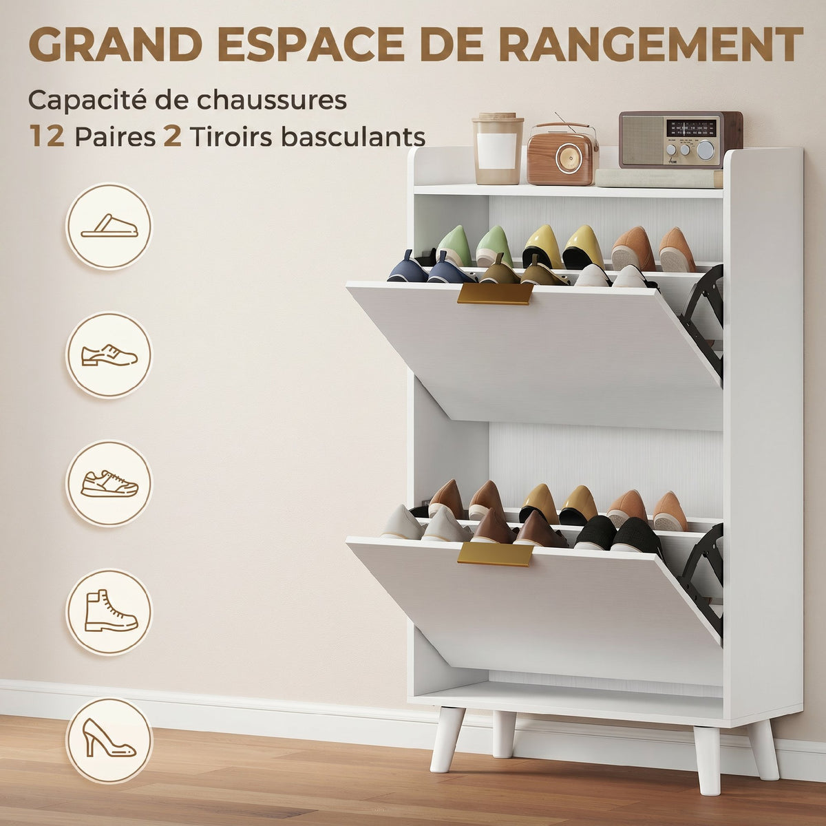 Meuble à chaussures 12 paires, armoire à chaussures étroite avec 2 tiroirs rabattables, étagères réglables, blanc-3