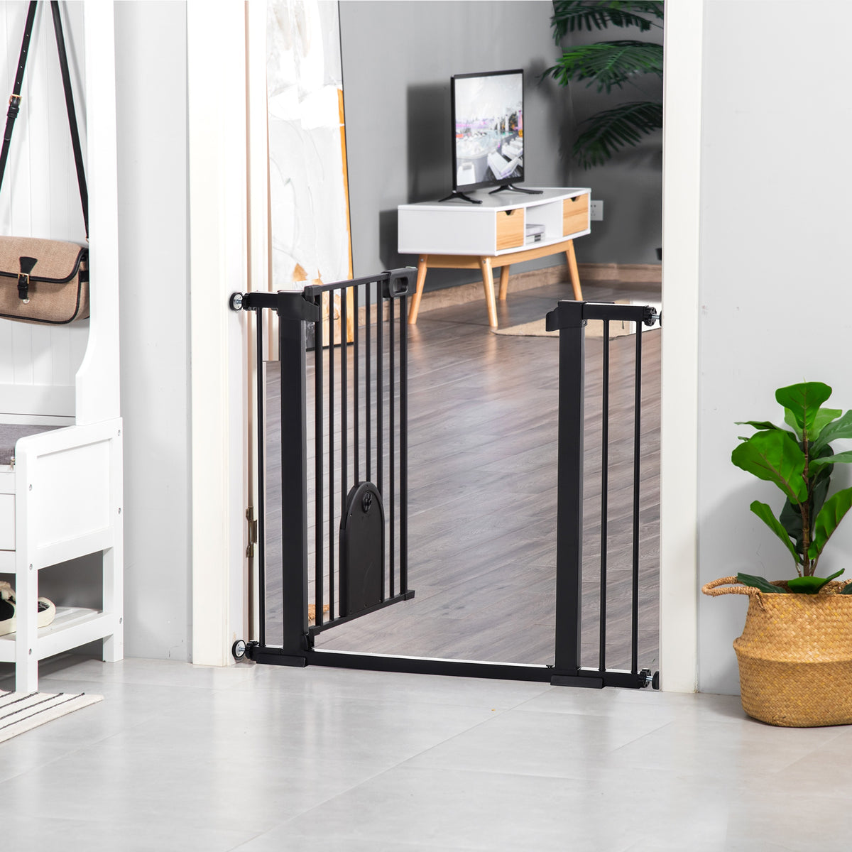 Barrière de sécurité animaux avec porte fermeture automatique système de double verrouillage, acier noir-1