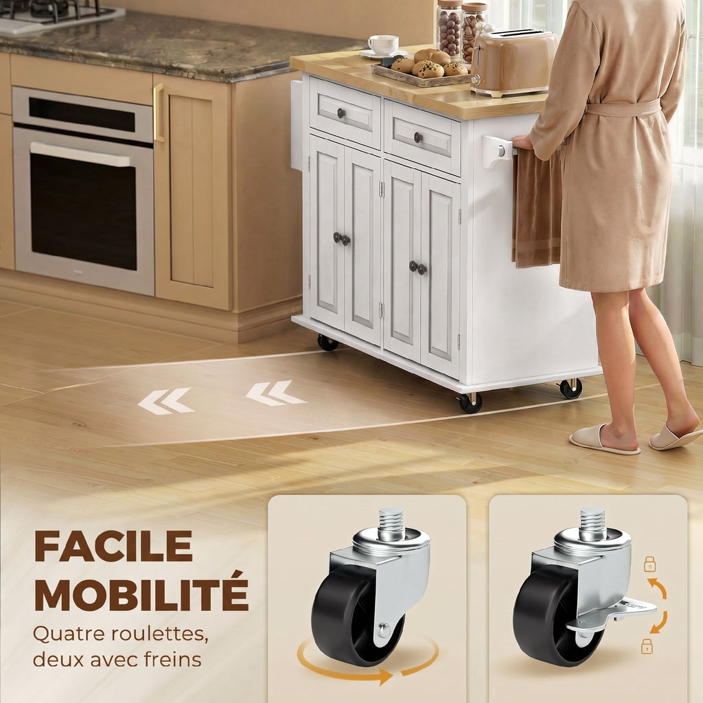 Îlot Central Cuisine avec Plateau en Hévéa, Desserte de Cuisine sur Roulettes avec 2 Tiroirs, 111 x 44,5 x 82,5cm, blanc-6